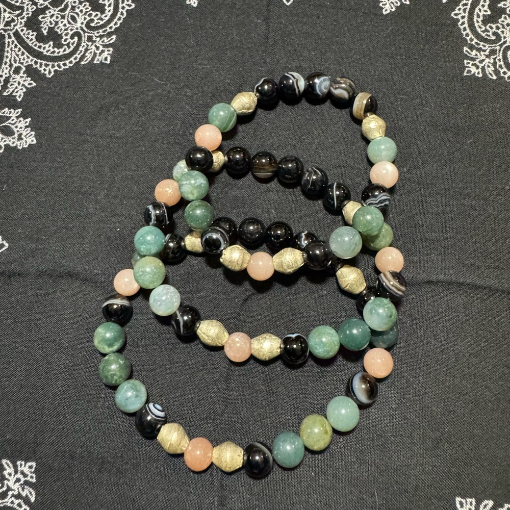 JUNGLE HIPPIE BRACELET - moss agate, sunstone, black agate, handmade trade beads